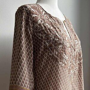 Gretchen Scott Cocoa-Ivory Embroidered Silk-Blend Tunic with Border Print – US S